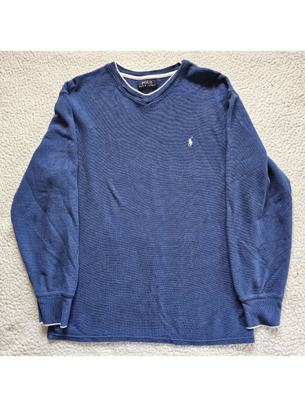 Polo Ralph Lauren Mens Blue XL Cotton Long-Sleeve Waffle-Knit V-Neck Shirt